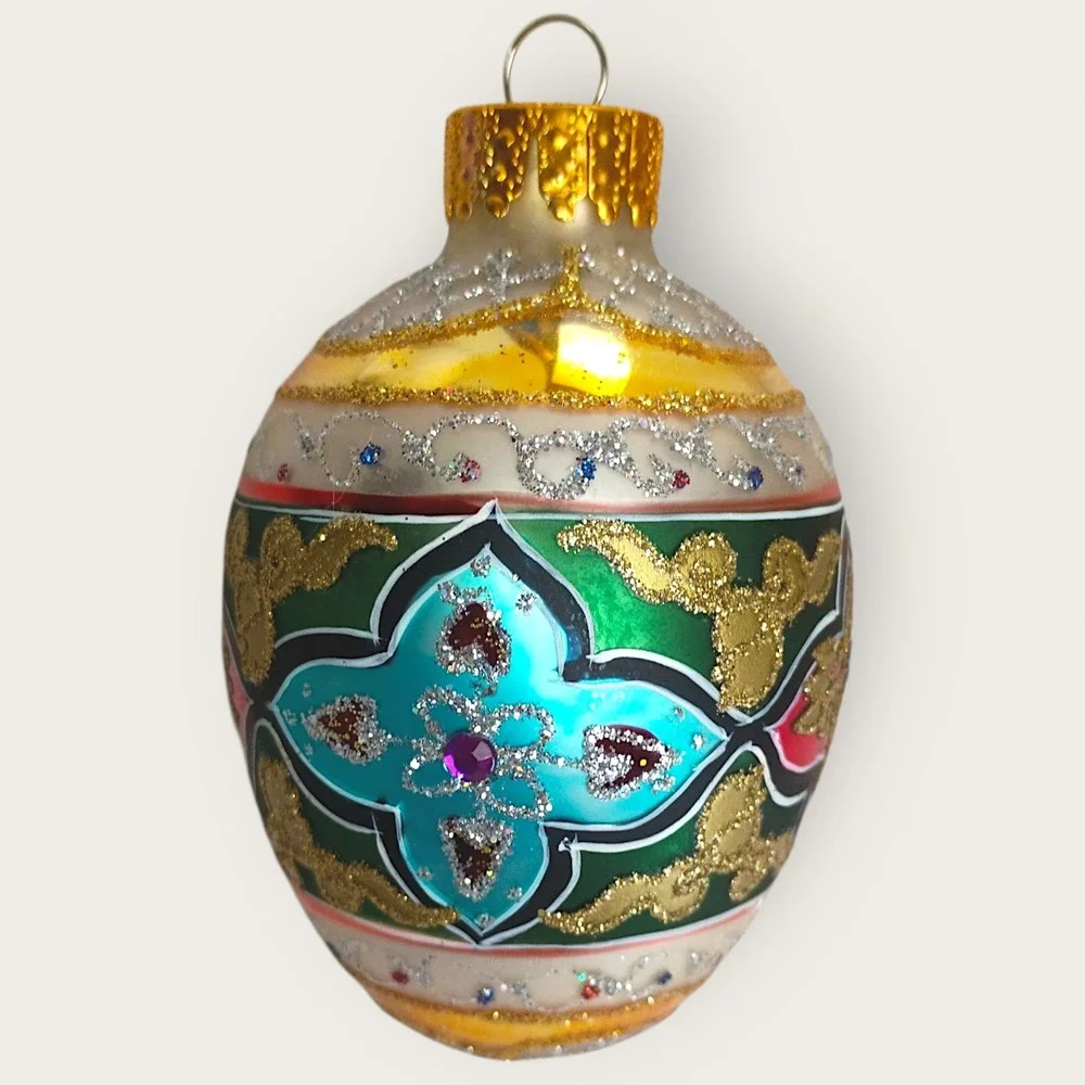 Vintage Morawski Poland Glass Christmas Ornament Red‎ Gold Jeweled Embellished